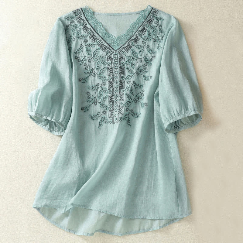 Buddha Stones Embroidered Lace Casual Women's Cotton Linen Half Sleeve T-shirt - LightSkyBlue - US8-10，UK/AU12-14，EU40-42 (2XL) - image 9
