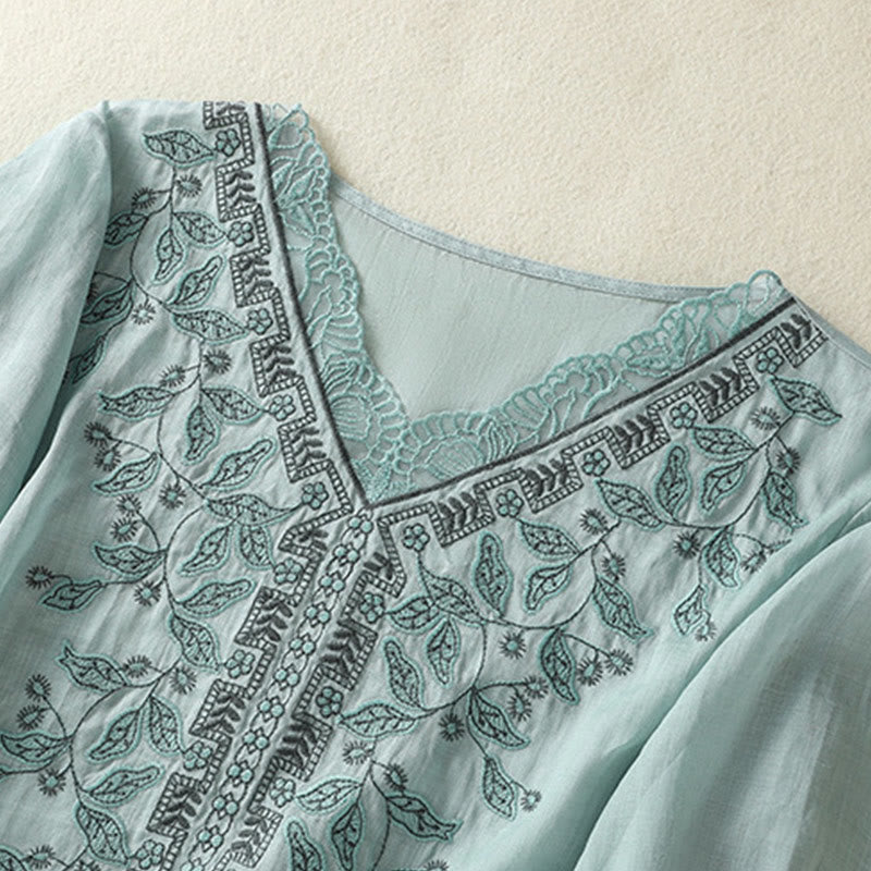 Buddha Stones Embroidered Lace Casual Women's Cotton Linen Half Sleeve T-shirt - image 14