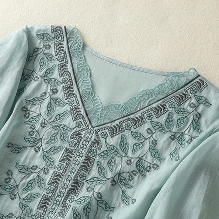 Buddha Stones Embroidered Lace Casual Women's Cotton Linen Half Sleeve T-shirt - image 13