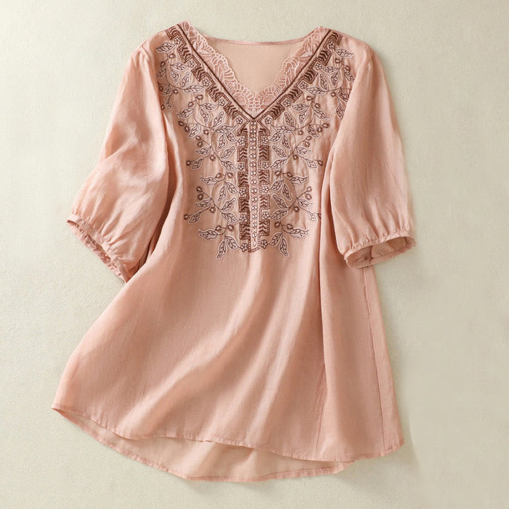 Buddha Stones Embroidered Lace Casual Women's Cotton Linen Half Sleeve T-shirt - Pink - US8-10，UK/AU12-14，EU40-42 (2XL) - image 20
