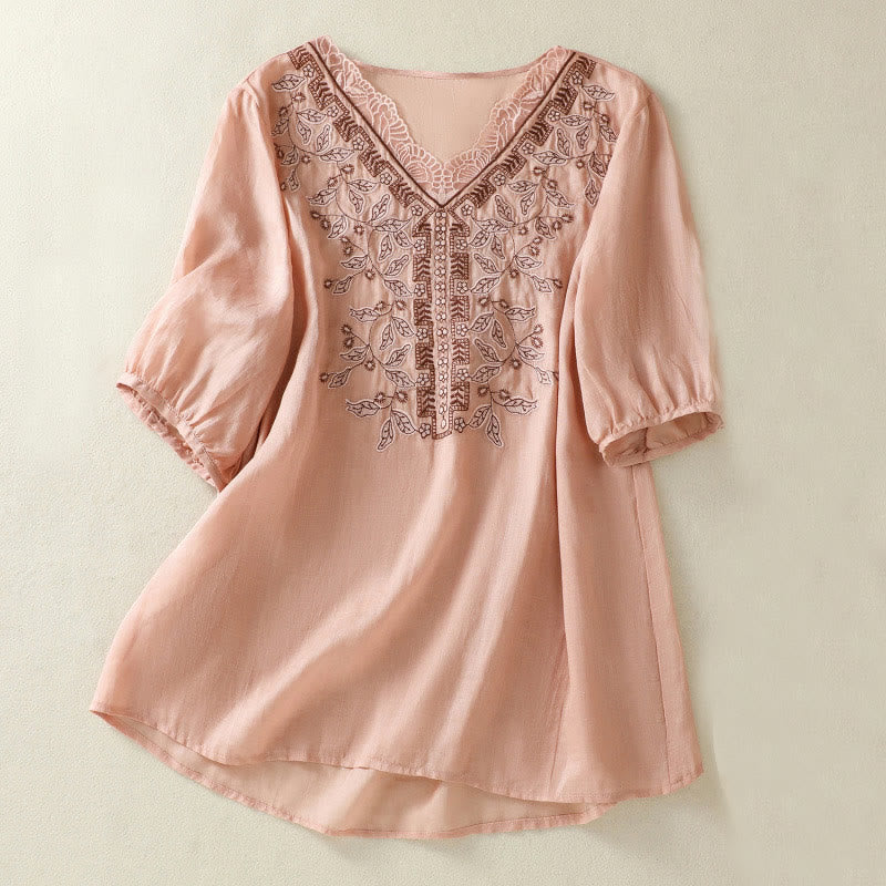 Buddha Stones Embroidered Lace Casual Women's Cotton Linen Half Sleeve T-shirt - Pink - US8-10，UK/AU12-14，EU40-42 (2XL) - image 19