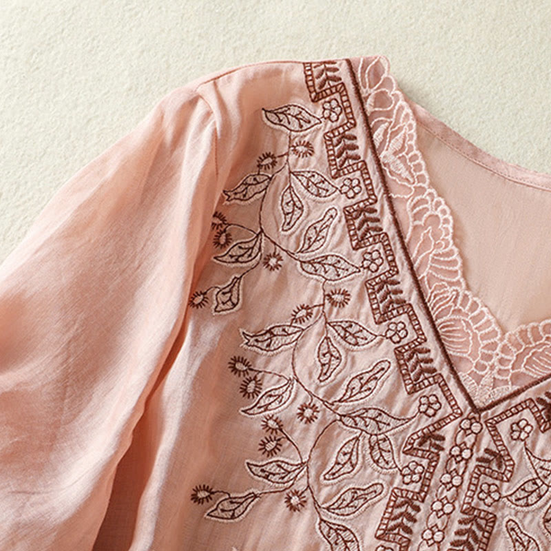 Buddha Stones Embroidered Lace Casual Women's Cotton Linen Half Sleeve T-shirt - image 28