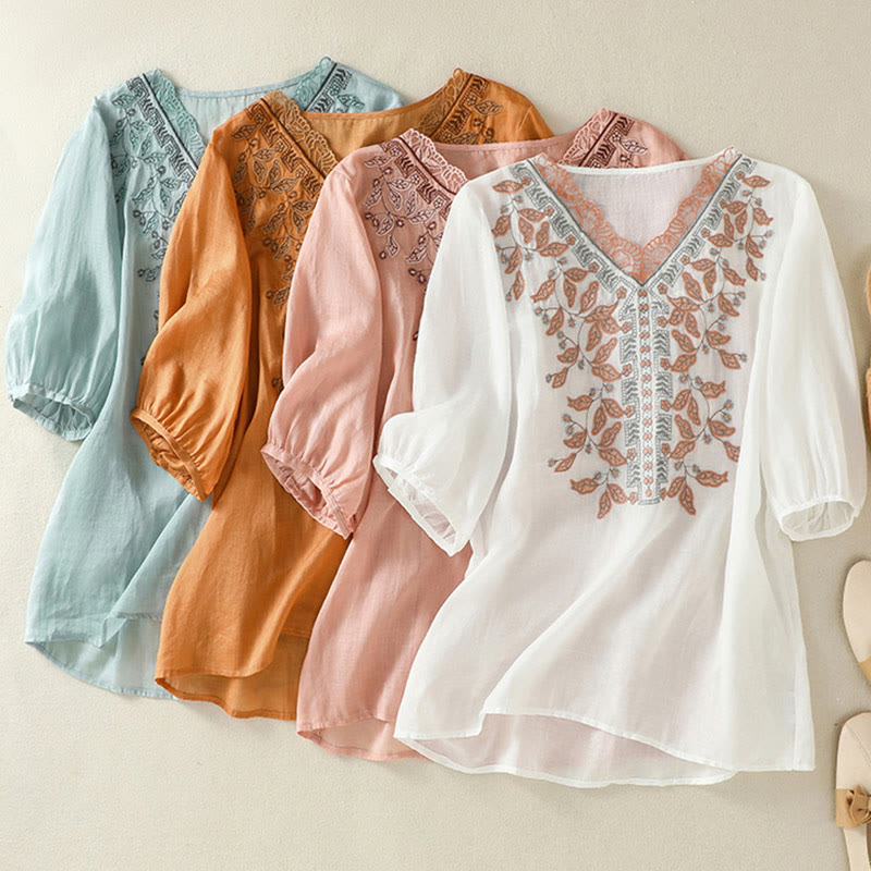 Buddha Stones Embroidered Lace Casual Women's Cotton Linen Half Sleeve T-shirt - image 35