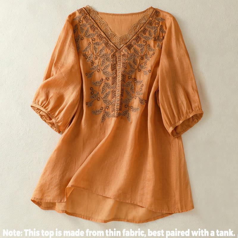 Buddha Stones Embroidered Lace Casual Women's Cotton Linen Half Sleeve T-shirt - image 2
