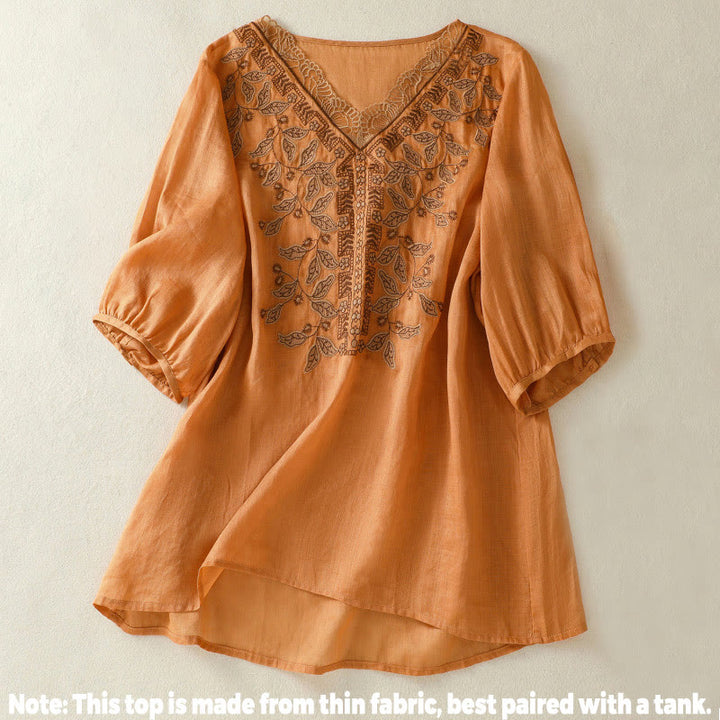 Buddha Stones Embroidered Lace Casual Women's Cotton Linen Half Sleeve T-shirt - image 2