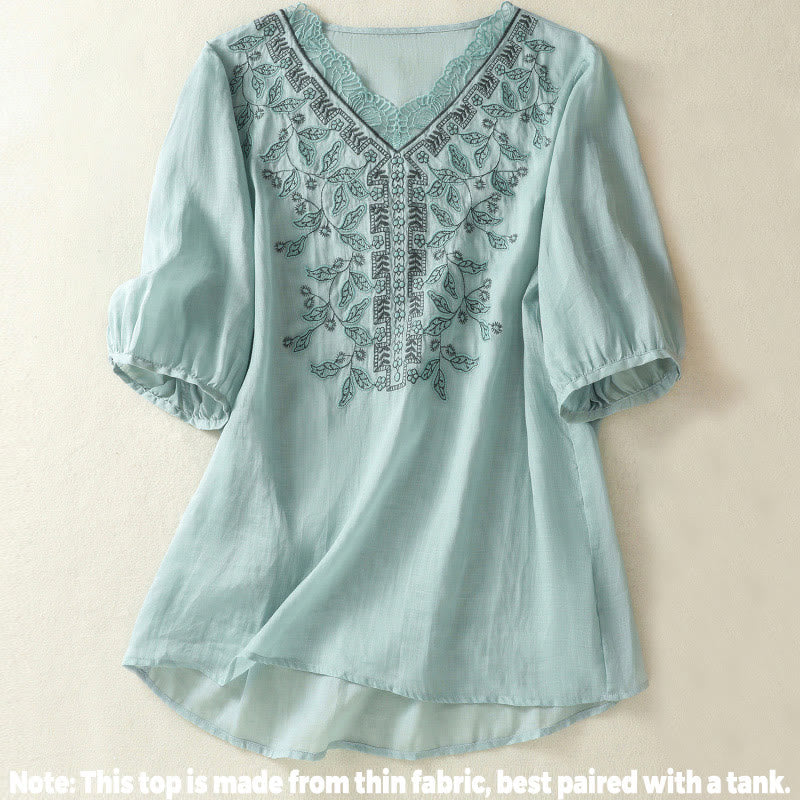 Buddha Stones Embroidered Lace Casual Women's Cotton Linen Half Sleeve T-shirt - image 9