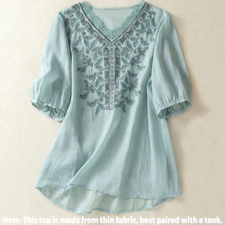 Buddha Stones Embroidered Lace Casual Women's Cotton Linen Half Sleeve T-shirt - image 9