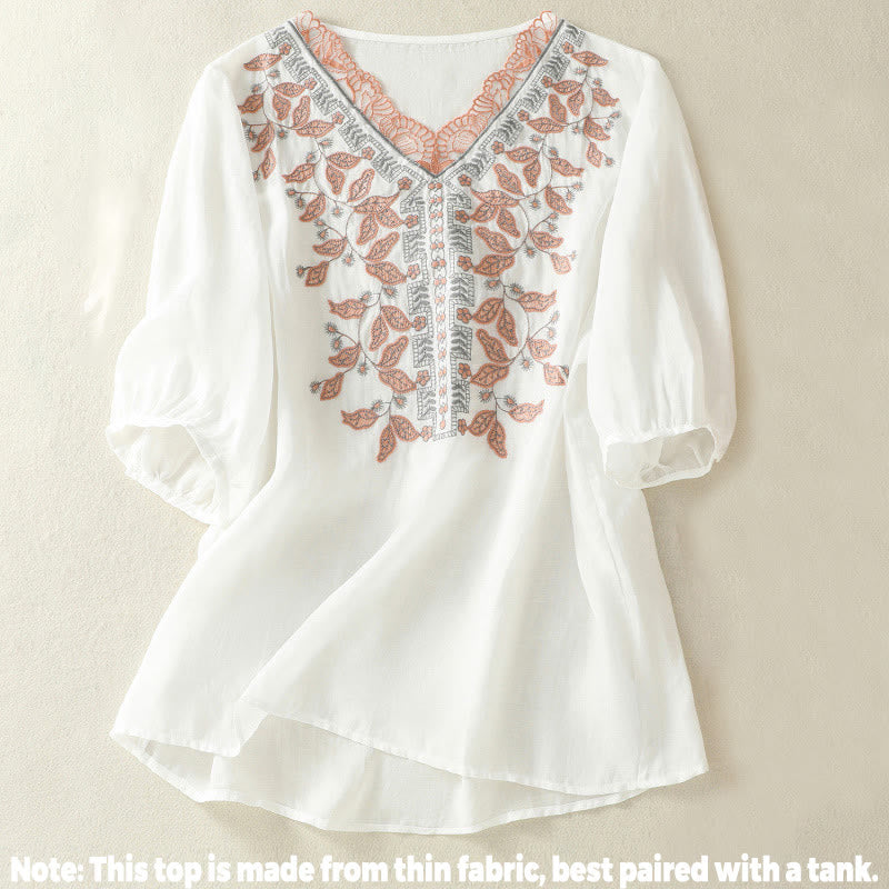 Buddha Stones Embroidered Lace Casual Women's Cotton Linen Half Sleeve T-shirt - image 30