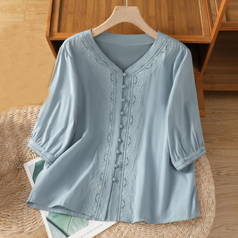 Buddha Stones Symmetrical Embroidery Cotton Women's V-neck Shirt - LightSkyBlue - US12，UK/AU16，EU44 (2XL) - image 6