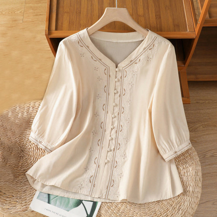 Buddha Stones Symmetrical Embroidery Cotton Women's V-neck Shirt - OldLace - US12，UK/AU16，EU44 (2XL) - image 1