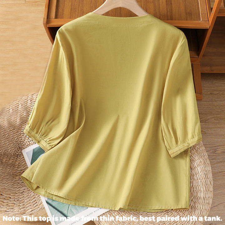 Buddha Stones Symmetrical Embroidery Cotton Women's V-neck Shirt - image 15