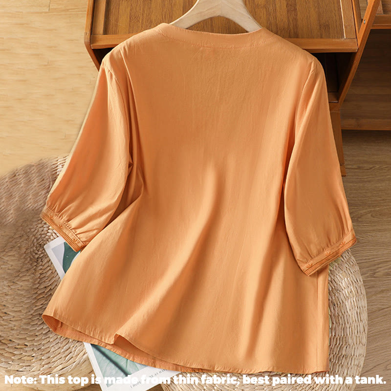 Buddha Stones Symmetrical Embroidery Cotton Women's V-neck Shirt - image 21