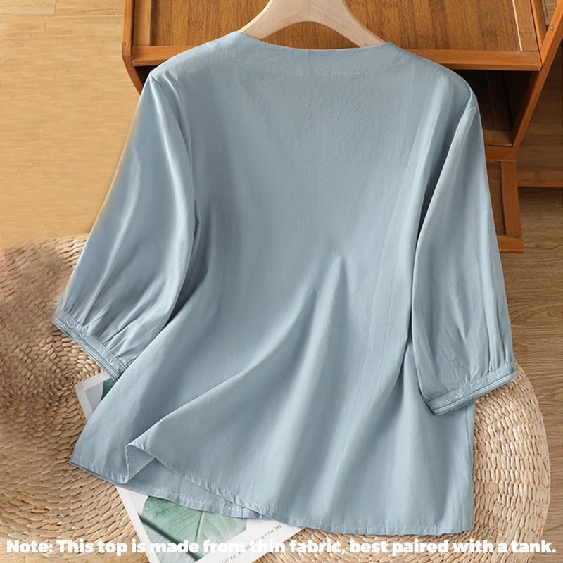 Buddha Stones Symmetrical Embroidery Cotton Women's V-neck Shirt - image 7