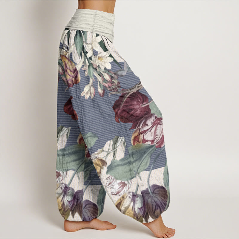 Buddha Stones Pure Cotton Tulips Green Leaves Design Women's Elastic Waist Harem Pants - image 8