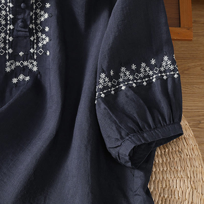Buddha Stones Symmetrical Embroidery Cotton Women's Crew Neck Shirt - image 3
