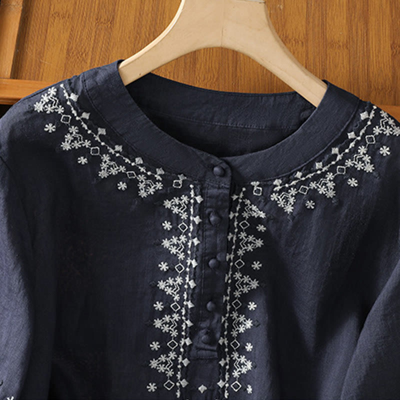 Buddha Stones Symmetrical Embroidery Cotton Women's Crew Neck Shirt - image 4