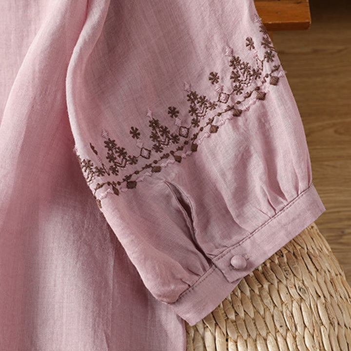 Buddha Stones Symmetrical Embroidery Cotton Women's Crew Neck Shirt - image 12