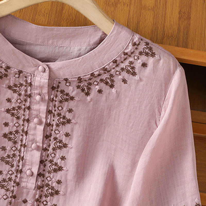 Buddha Stones Symmetrical Embroidery Cotton Women's Crew Neck Shirt - image 15