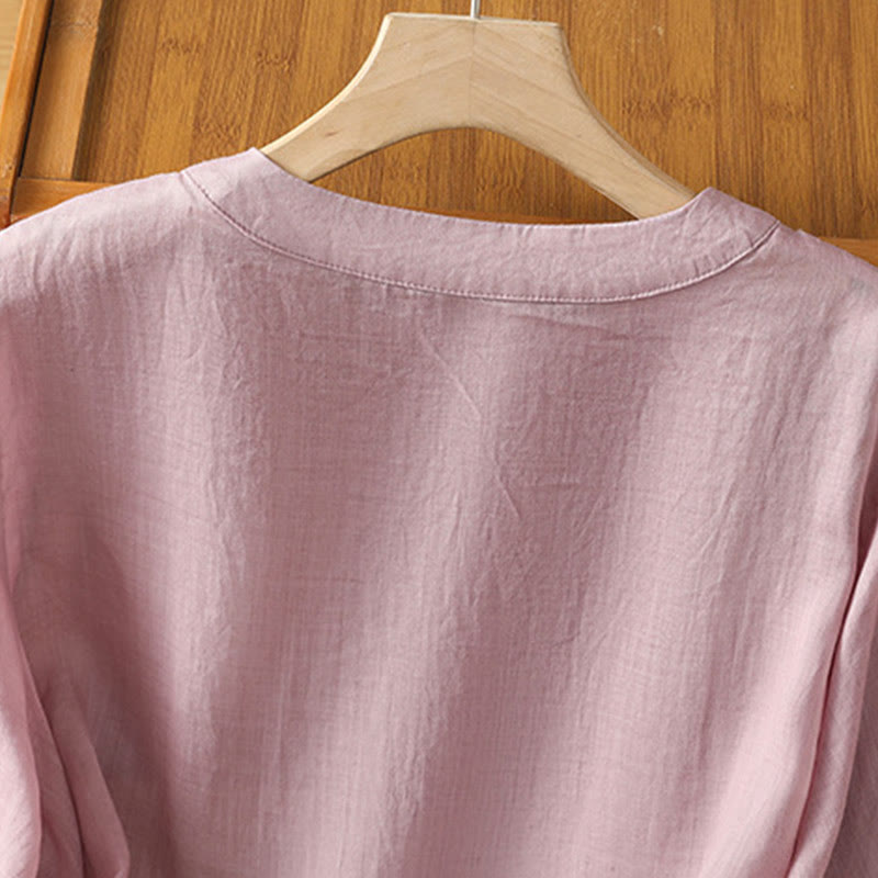 Buddha Stones Symmetrical Embroidery Cotton Women's Crew Neck Shirt - image 13