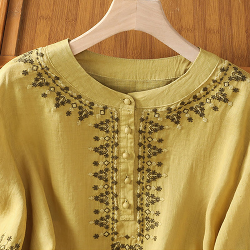 Buddha Stones Symmetrical Embroidery Cotton Women's Crew Neck Shirt - image 20