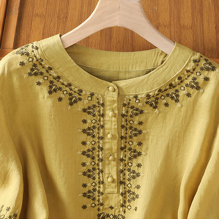Buddha Stones Symmetrical Embroidery Cotton Women's Crew Neck Shirt - image 20