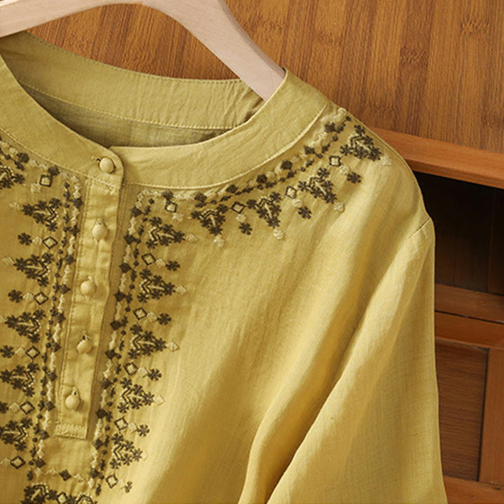 Buddha Stones Symmetrical Embroidery Cotton Women's Crew Neck Shirt - image 22