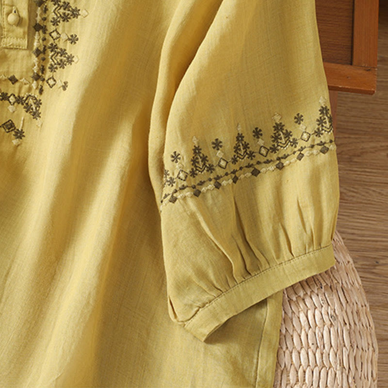 Buddha Stones Symmetrical Embroidery Cotton Women's Crew Neck Shirt - image 21