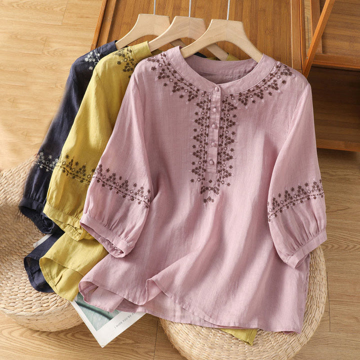 Buddha Stones Symmetrical Embroidery Cotton Women's Crew Neck Shirt - image 23