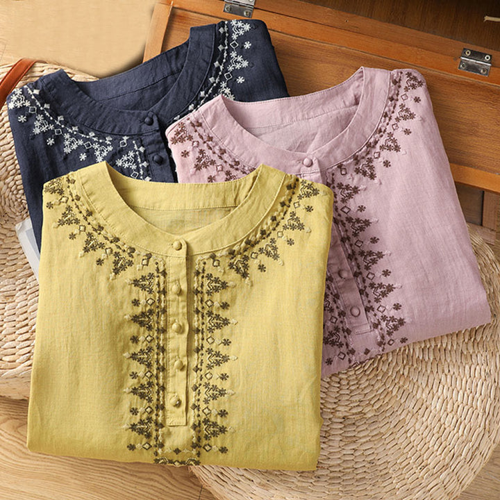 Buddha Stones Symmetrical Embroidery Cotton Women's Crew Neck Shirt - image 24