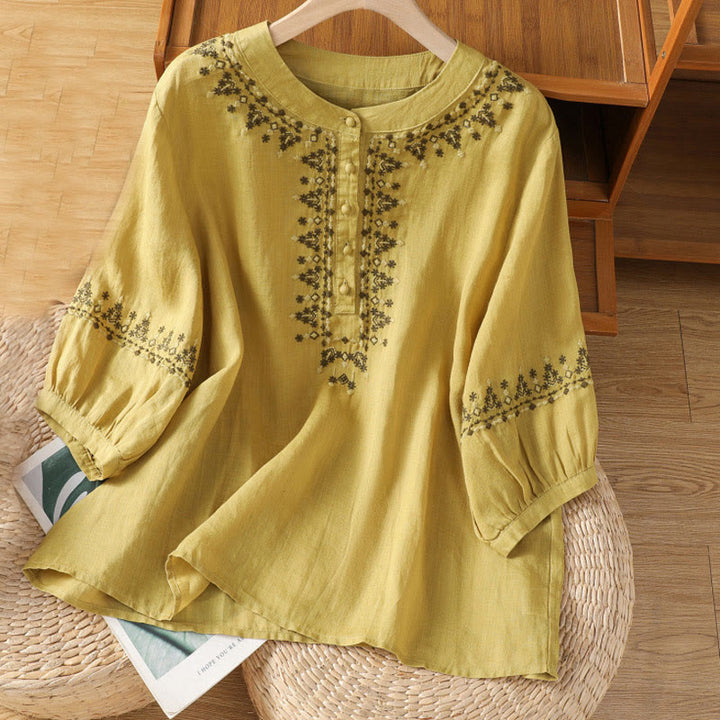 Buddha Stones Symmetrical Embroidery Cotton Women's Crew Neck Shirt - Khaki - US14，UK/AU18，EU46 (2XL) - image 16