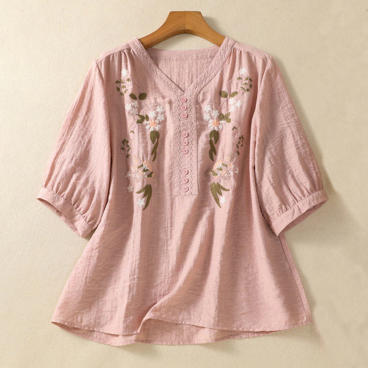 Buddha Stones Embroidery Flowers Leaves Cotton Women's V-neck Shirt - Pink - US14，UK/AU18，EU46 (2XL) - image 1