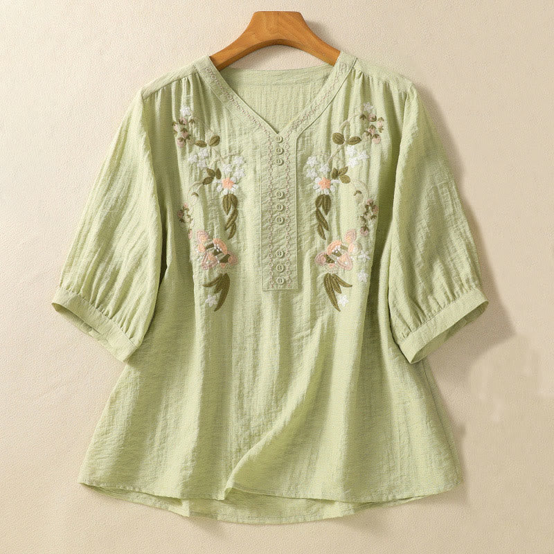 Buddha Stones Embroidery Flowers Leaves Cotton Women's V-neck Shirt - LightGreen - US14，UK/AU18，EU46 (2XL) - image 11