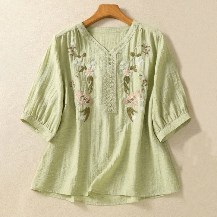 Buddha Stones Embroidery Flowers Leaves Cotton Women's V-neck Shirt - LightGreen - US14，UK/AU18，EU46 (2XL) - image 11