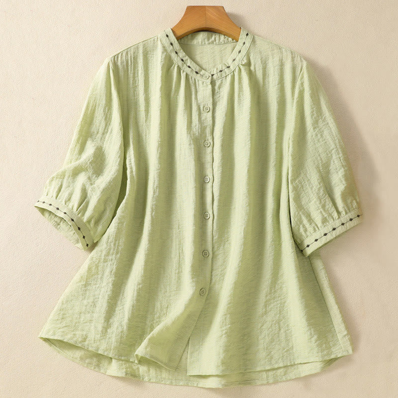 Buddha Stones Embroidery Design Cotton Button Women's Crew Neck Shirt - LightGreen - US14，UK/AU18，EU46 (2XL) - image 1