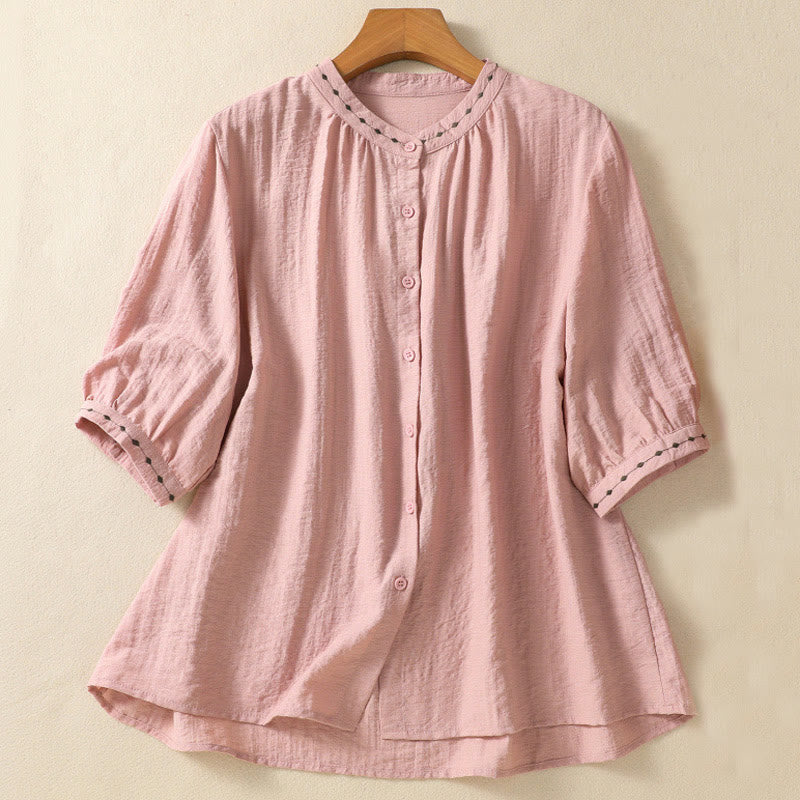 Buddha Stones Embroidery Design Cotton Button Women's Crew Neck Shirt - Pink - US14，UK/AU18，EU46 (2XL) - image 10