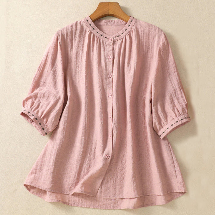 Buddha Stones Embroidery Design Cotton Button Women's Crew Neck Shirt - Pink - US14，UK/AU18，EU46 (2XL) - image 10