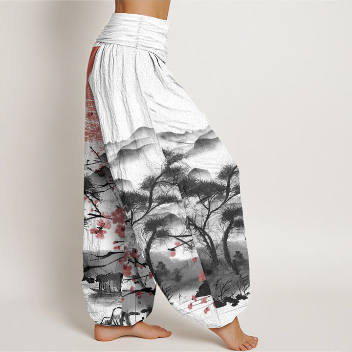 Buddha Stones Pure Cotton Casual Red Plum Blossom Mountains Sun Pattern Women's Elastic Waist Harem Pants - image 2