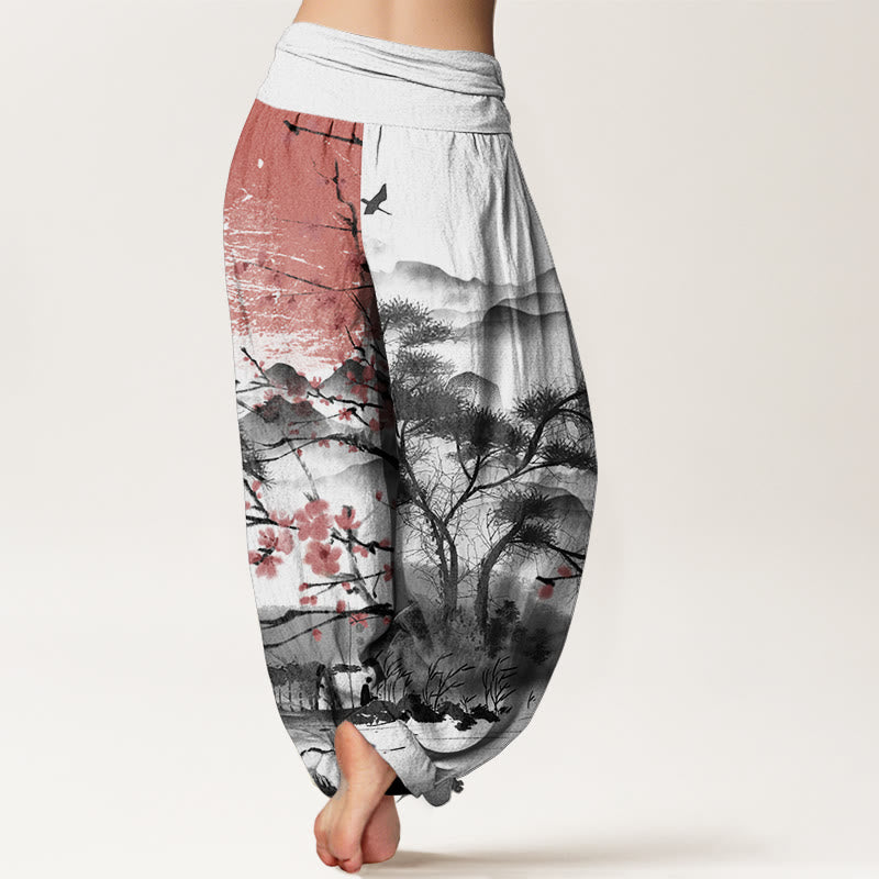 Buddha Stones Pure Cotton Casual Red Plum Blossom Mountains Sun Pattern Women's Elastic Waist Harem Pants - image 1