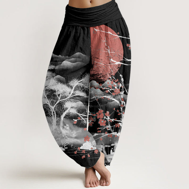 Buddha Stones Pure Cotton Casual Red Plum Blossom Mountains Sun Pattern Women's Elastic Waist Harem Pants - Black - US22，UK/AU26，EU54 (6XL) - image 6