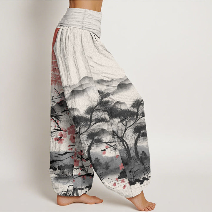 Buddha Stones Pure Cotton Casual Red Plum Blossom Mountains Sun Pattern Women's Elastic Waist Harem Pants - image 11