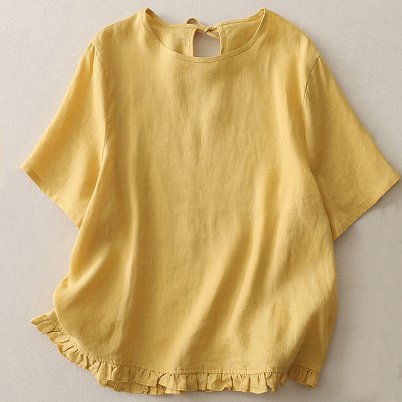 Buddha Stones Casual Plain Ruffled Hem Crew Neck Tie Women's Polyester T-shirt - Gold - US8-10，UK/AU12-14，EU40-42 (2XL) - image 1