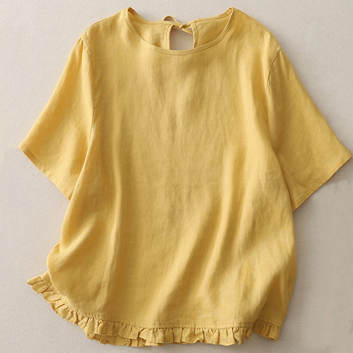 Buddha Stones Casual Plain Ruffled Hem Crew Neck Tie Women's Polyester T-shirt - Gold - US8-10，UK/AU12-14，EU40-42 (2XL) - image 1
