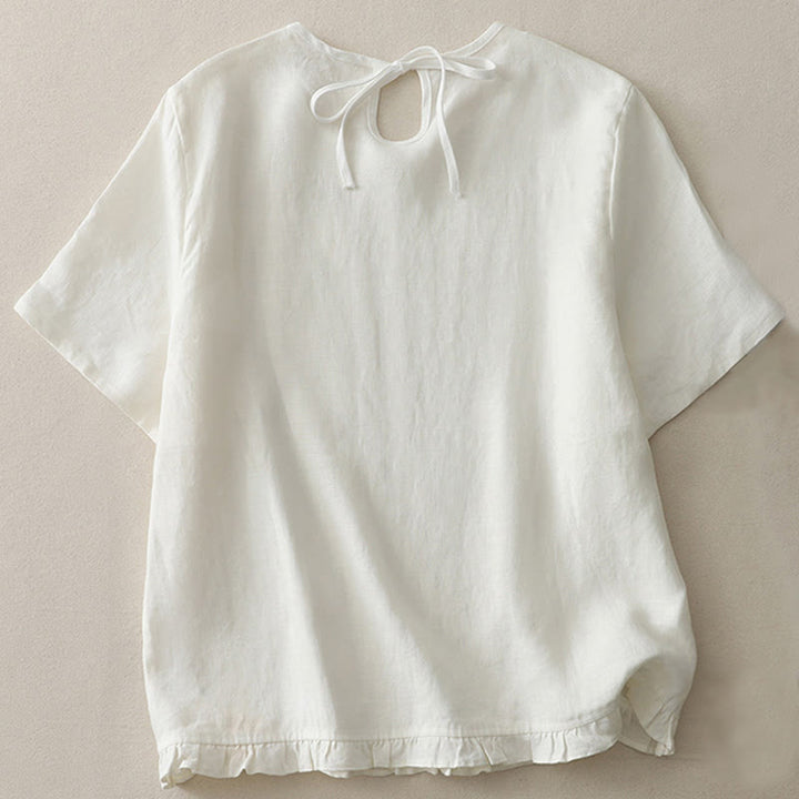 Buddha Stones Casual Plain Ruffled Hem Crew Neck Tie Women's Polyester T-shirt - White - US8-10，UK/AU12-14，EU40-42 (2XL) - image 6