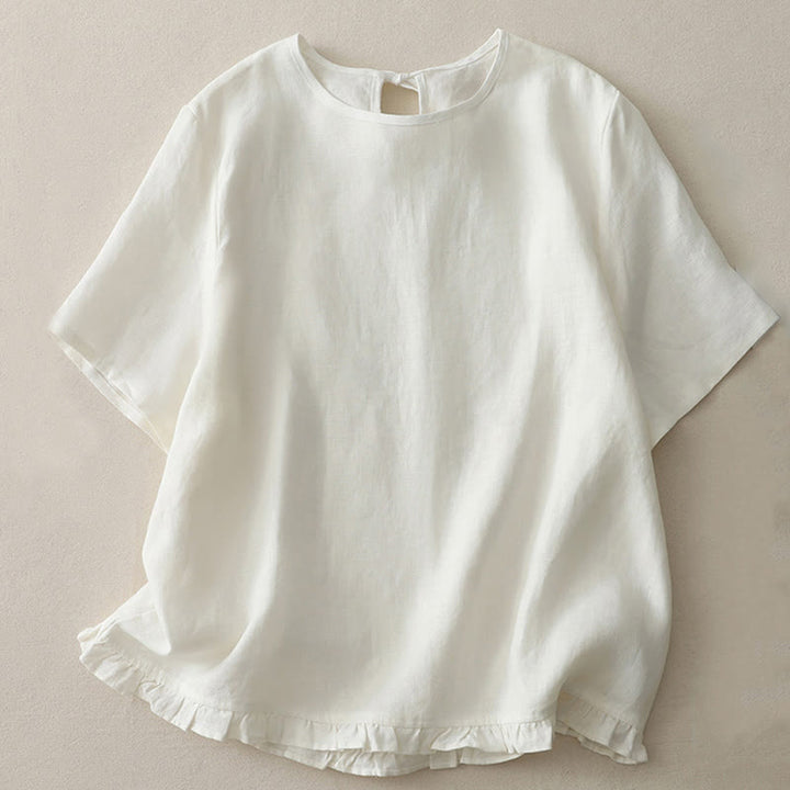 Buddha Stones Casual Plain Ruffled Hem Crew Neck Tie Women's Polyester T-shirt - image 7