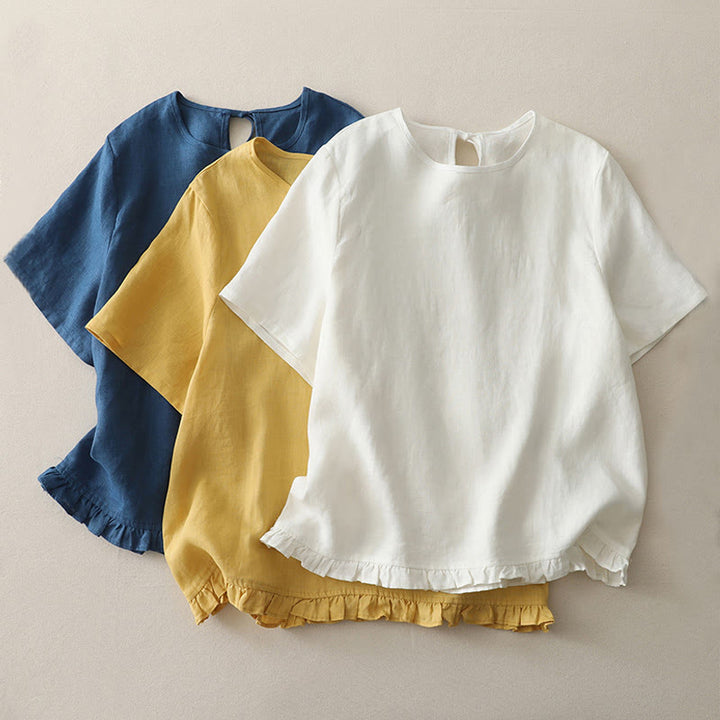 Buddha Stones Casual Plain Ruffled Hem Crew Neck Tie Women's Polyester T-shirt - image 16