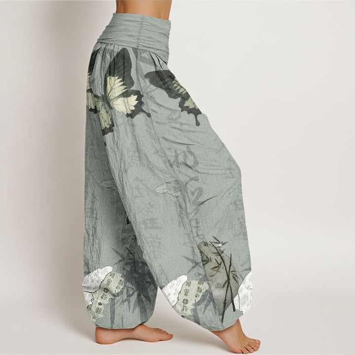 Buddha Stones Pure Cotton Butterfly Bamboo Leaves Chinese Characters Pattern Women's Elastic Waist Harem Pants - image 8