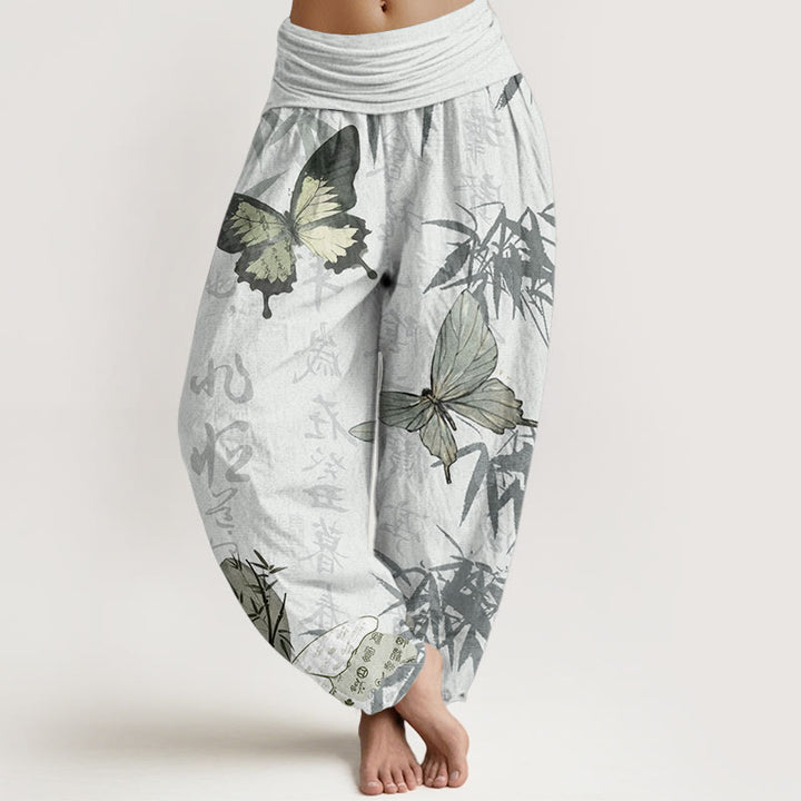Buddha Stones Pure Cotton Butterfly Bamboo Leaves Chinese Characters Pattern Women's Elastic Waist Harem Pants - Honeydew - US22，UK/AU26，EU54 (6XL) - image 9