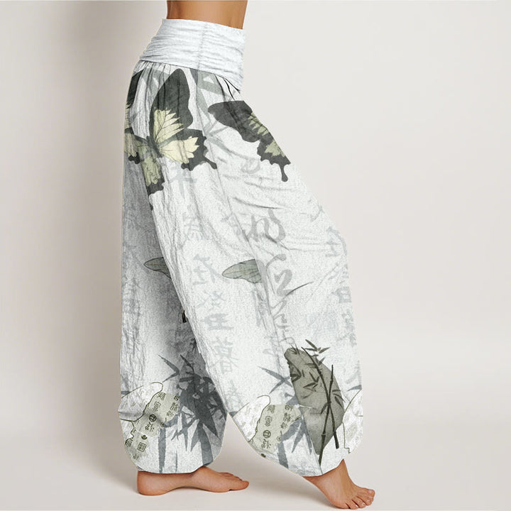Buddha Stones Pure Cotton Butterfly Bamboo Leaves Chinese Characters Pattern Women's Elastic Waist Harem Pants - image 11