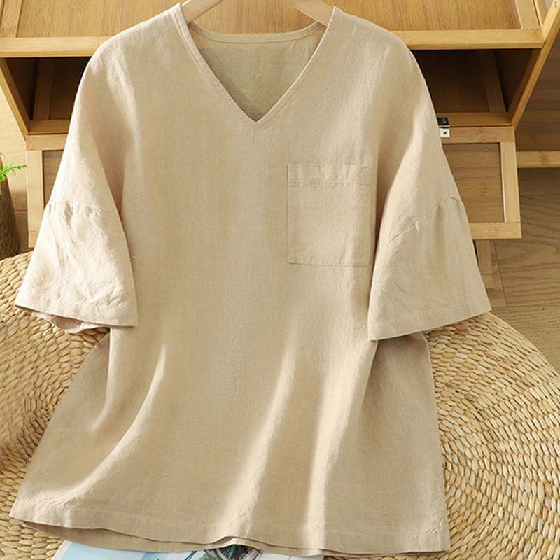 Buddha Stones Casual Plain Women's Cotton Linen V-Neck T-shirt With Pocket - Wheat - US14，UK/AU18，EU46 (2XL) - image 1