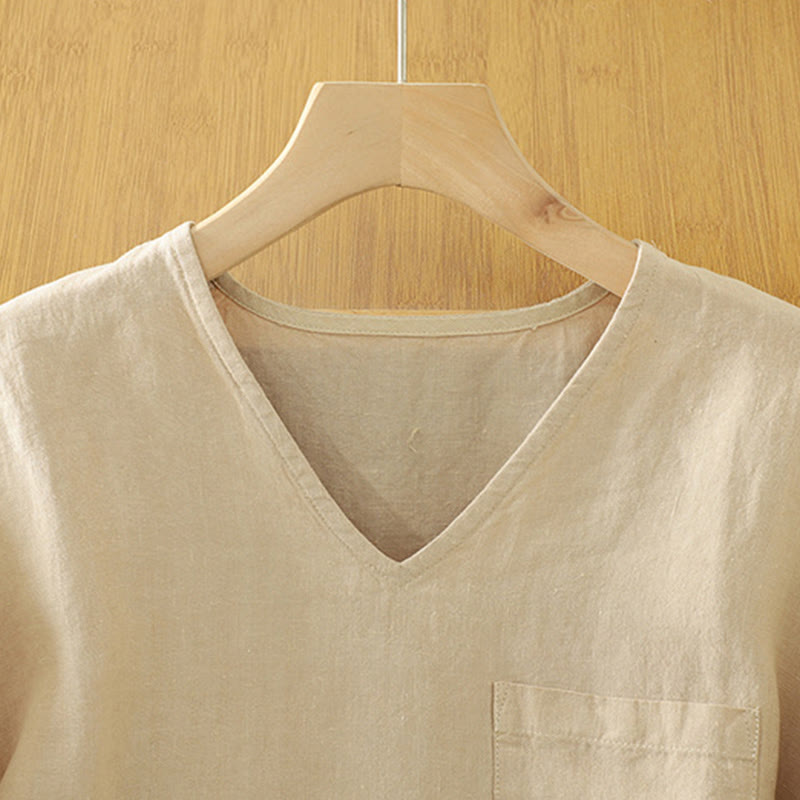 Buddha Stones Casual Plain Women's Cotton Linen V-Neck T-shirt With Pocket - image 2